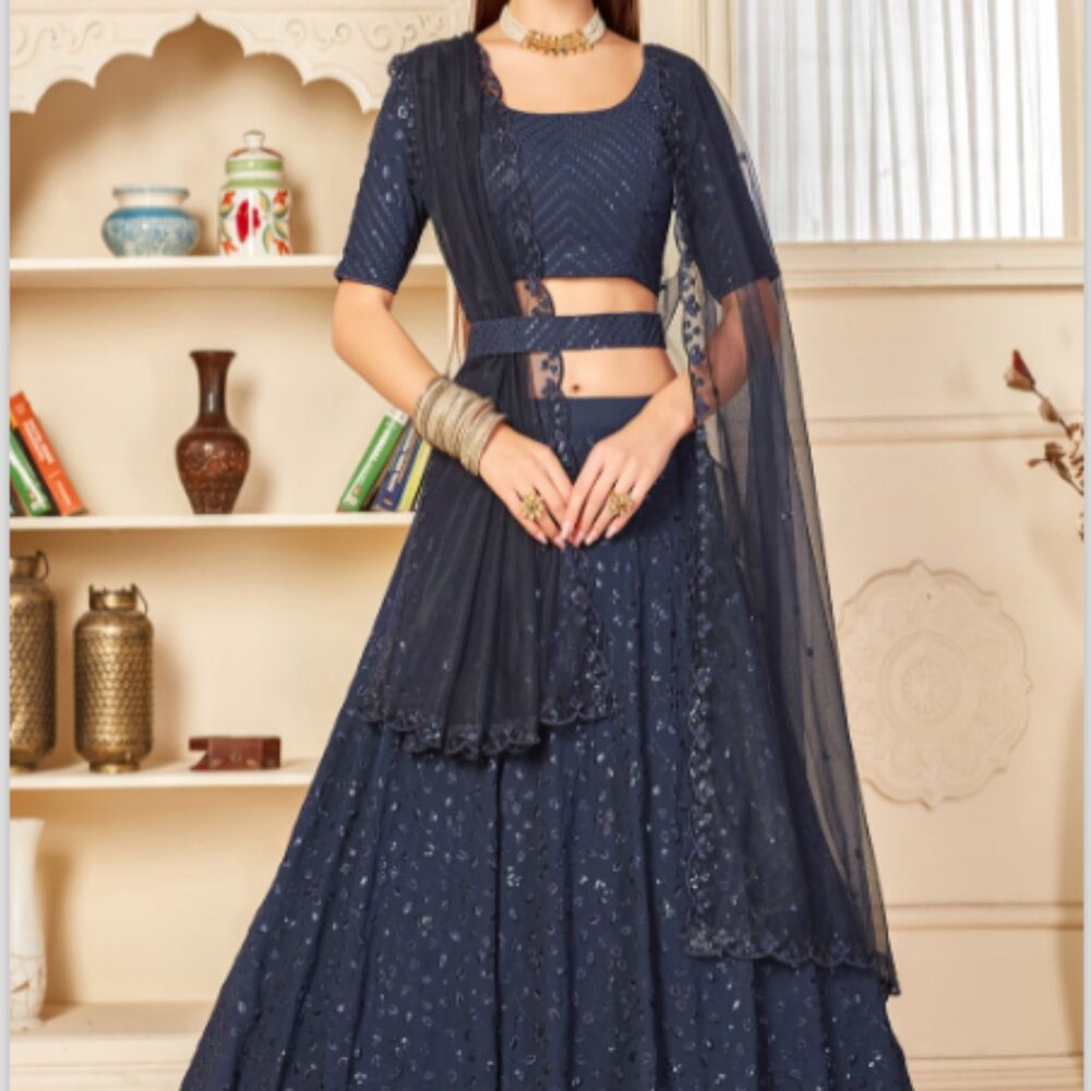 Navy Blue Net Embroidered Lehenga Choli 232622